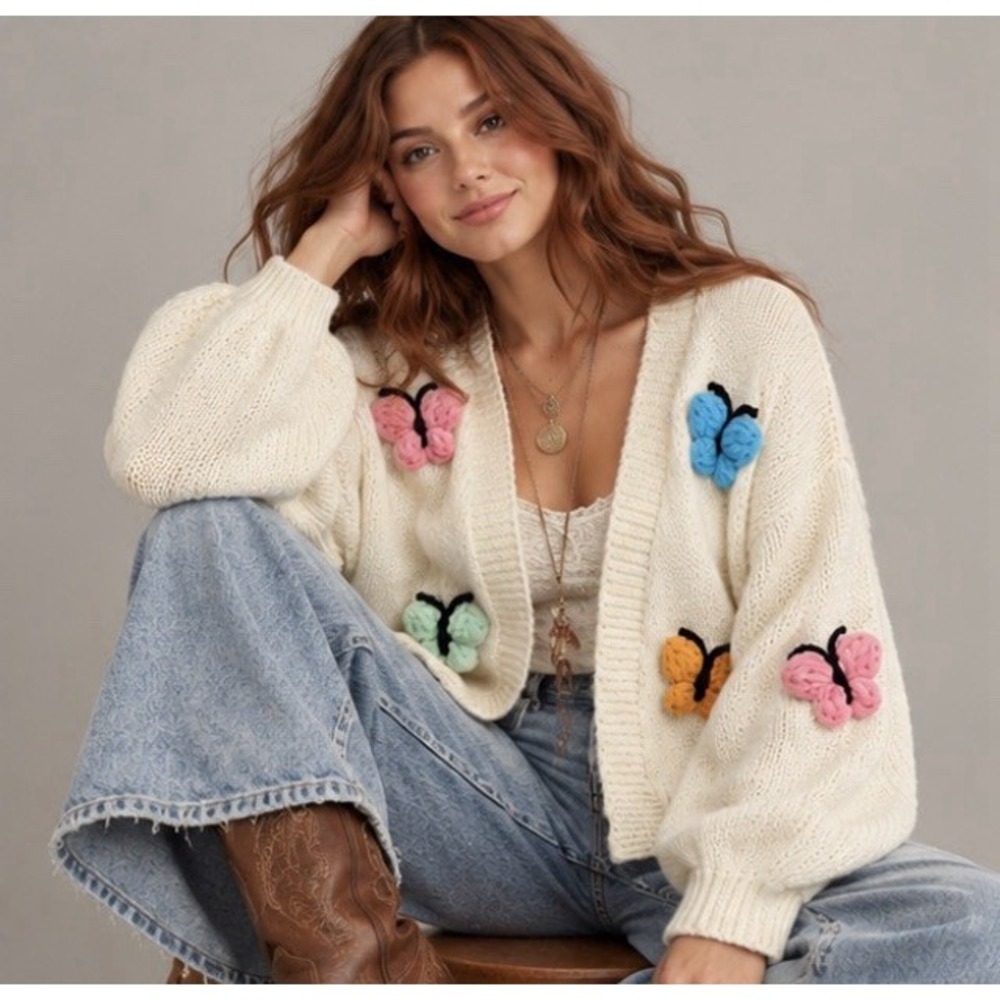 Luna Ivy M Cream 3D Butterfly Cardigan Chunky Knit Cottagecore Whimsical Fairy